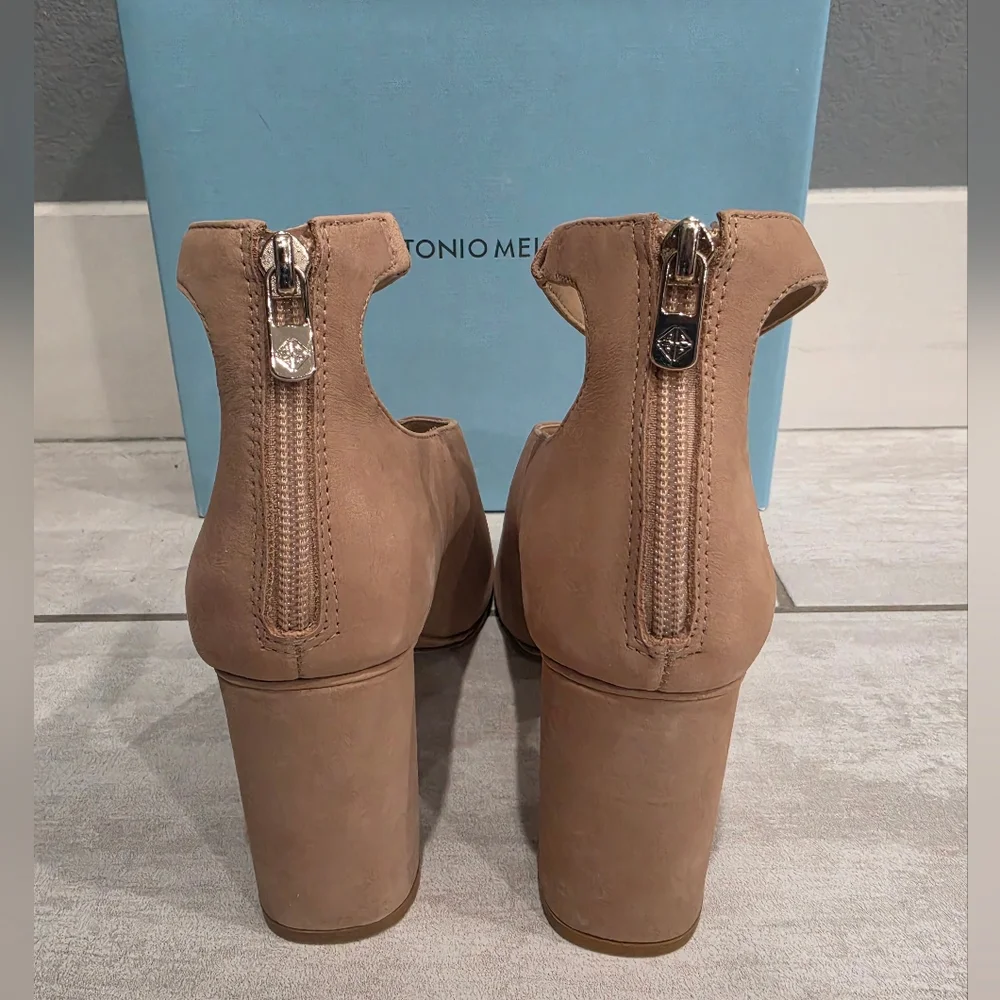 ANTONIO MELANI Ehren Blush Nude Modern Taupe Peep-Toe Block Heel Sandals